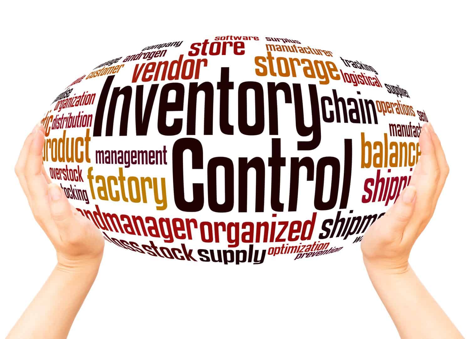 Inventory Control word cloud hand sphere concept on white background.