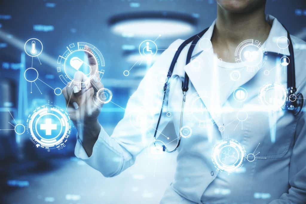 Doctor with stethoscope using glowing medical icons interface. Medicine and innovation concept. Double exposure