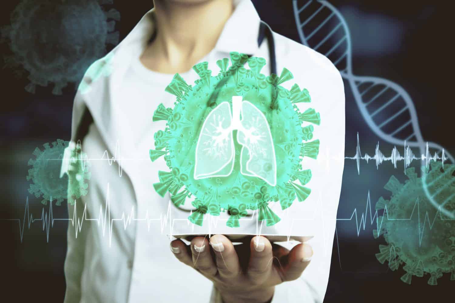 Close up of female doctor holding tablet with abstract glowing lung interface with virus outline on dark background. Medicine, pandemic and healthcare concept. Double exposure