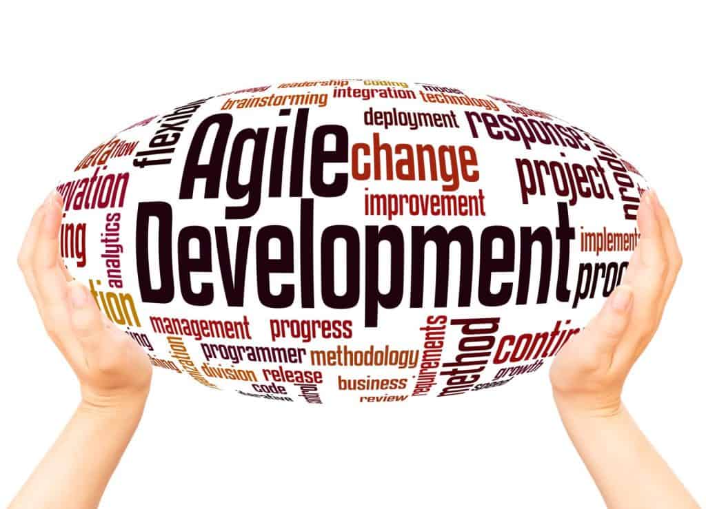 Agile Development word cloud hand sphere concept on white background.