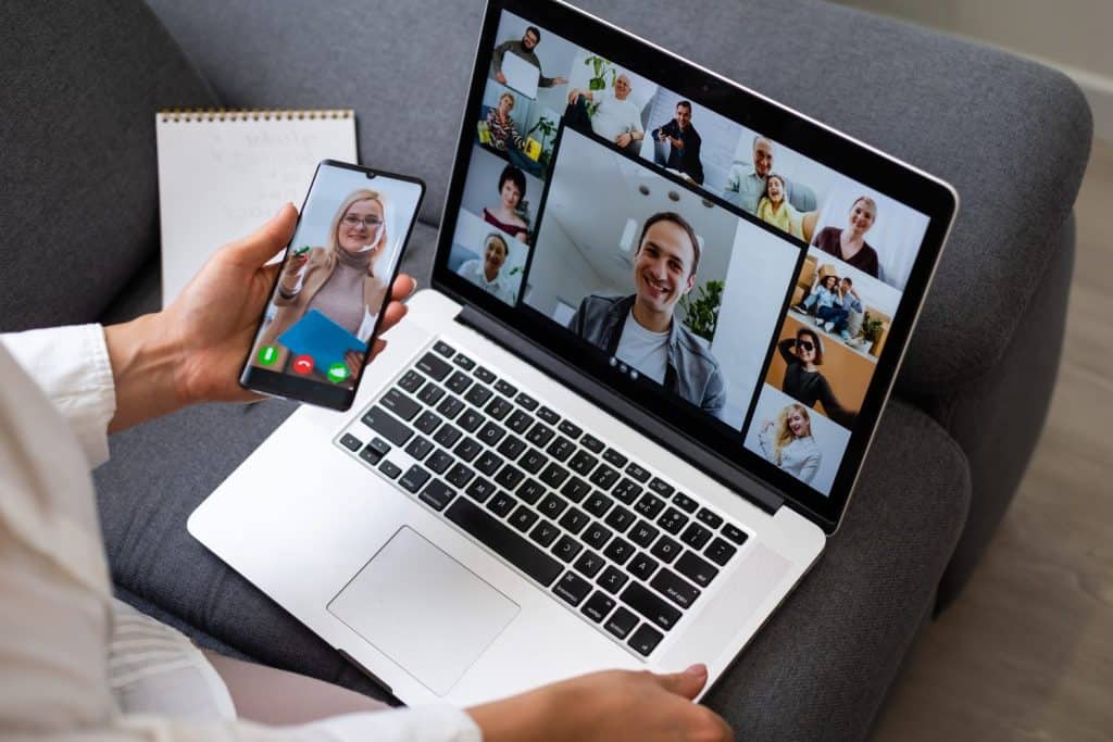 Beautiful young woman having video conference call via computer. Call Meeting. Home office. Stay at home and work from home concept during Coronavirus pandemic