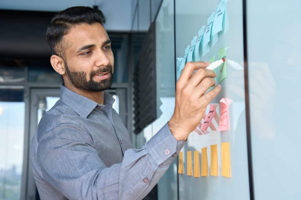 Young indian latin executive manager businessman ceo writing his strategy ideas on sticky notes on whiteboard managing professional organization business plan project presentation in corporate office.