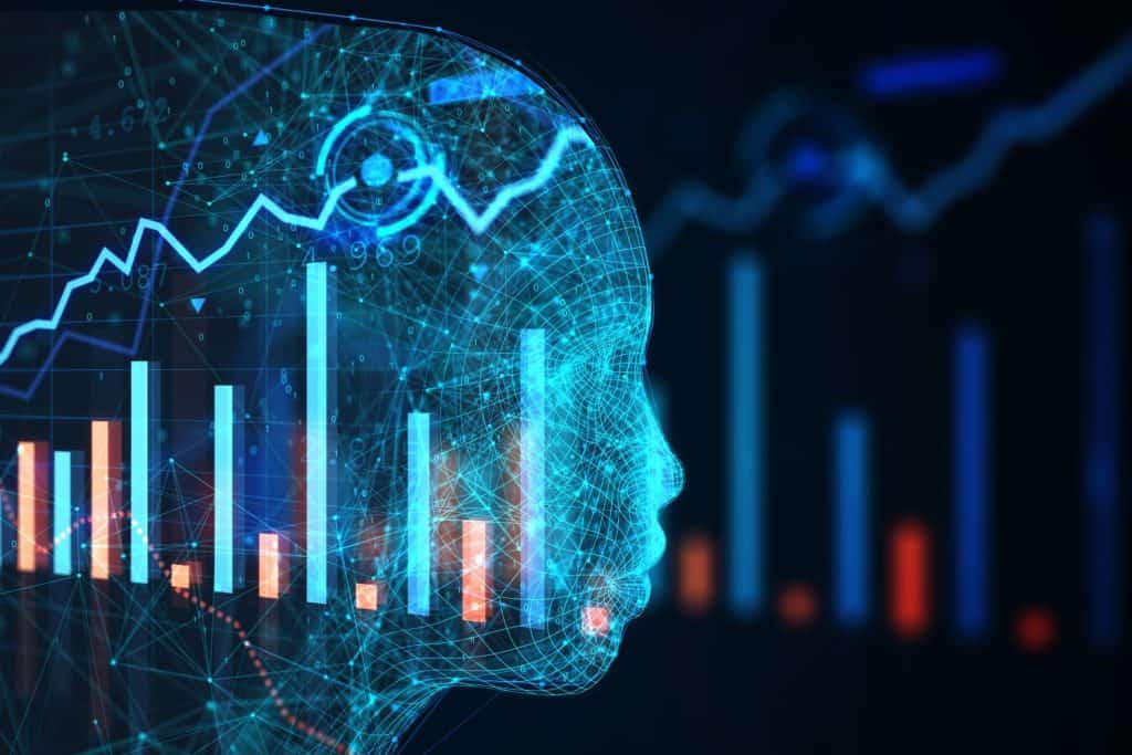 Abstract polygonal head outline on dark backdrop with blurry forex chart. AI, big data, trade and human mind concept. 3D Rendering